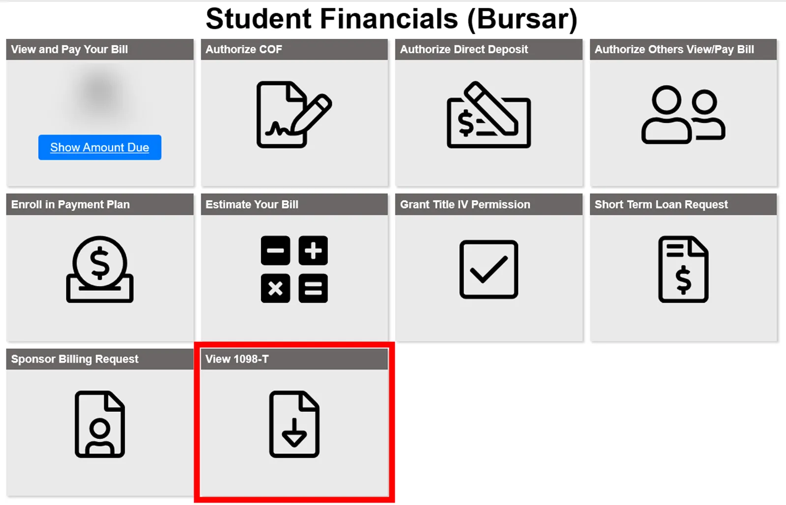 Picture of View 1098-T Option in UCCS Student Financials Section